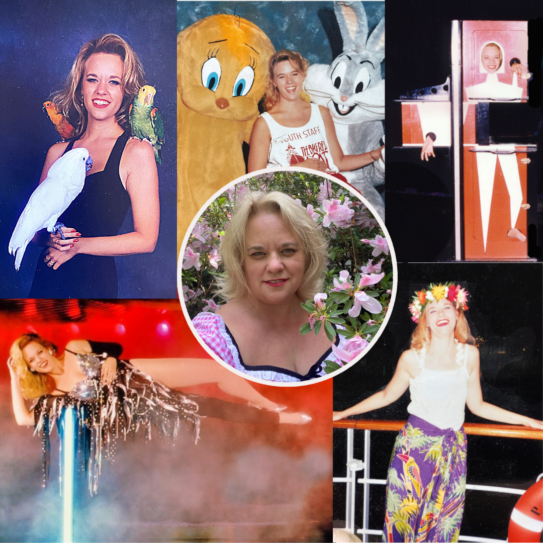 A collage of photos of the author. Wendy holding three parrots, Wendy working as Youth Staff with Tweetie and Bugs, Wendy in a magic illusion, Wendy Floating on a lightbulb in a magic show, Wendy in Tahiti and the center photo is a picture of Wendy now.