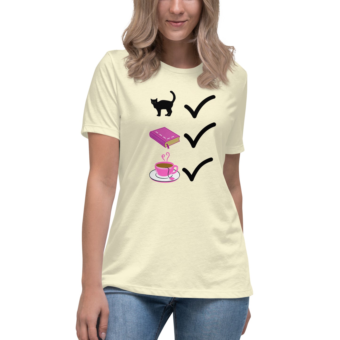 Books, Tea, Cat, Check! Women's Relaxed T-Shirt