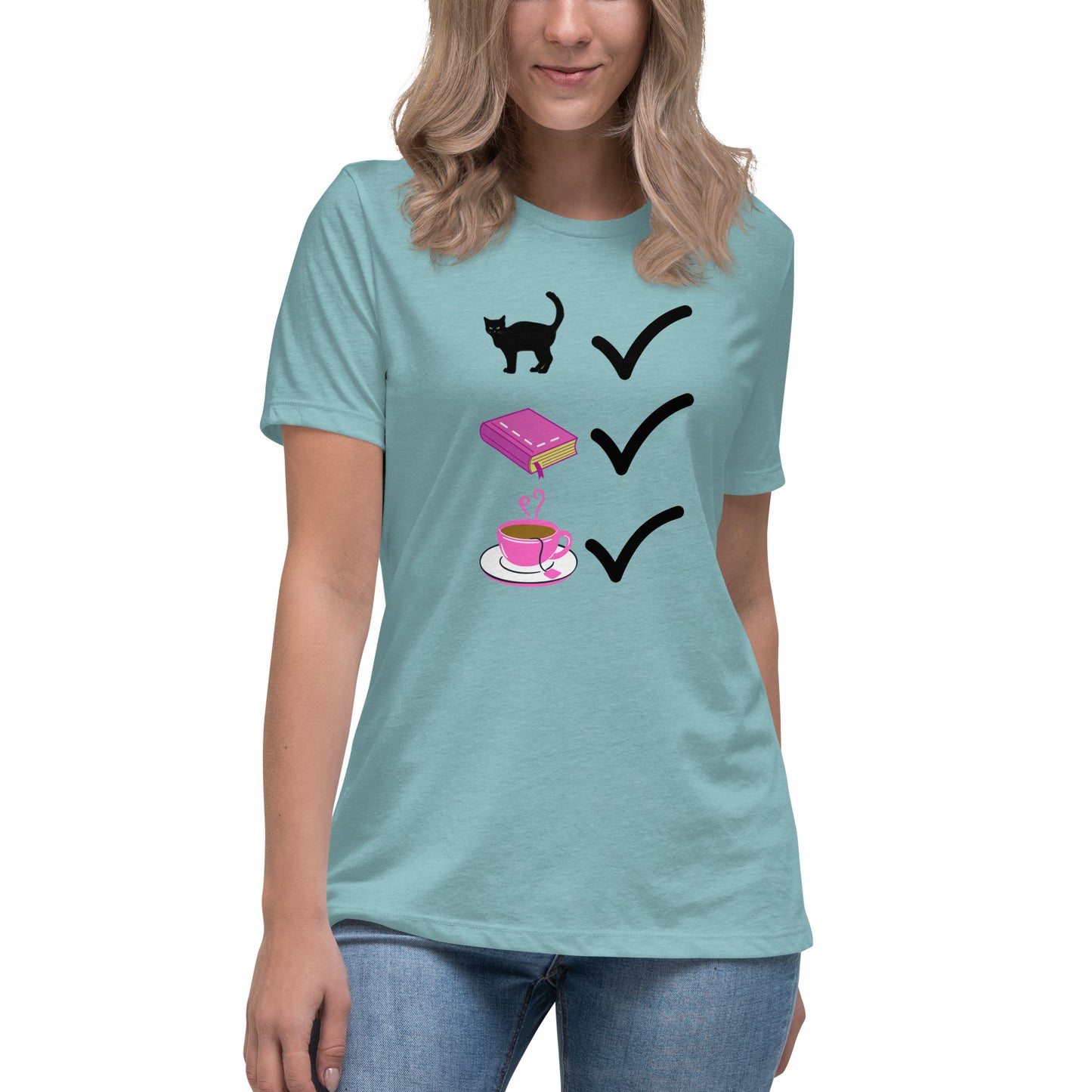 Books, Tea, Cat, Check! Women's Relaxed T-Shirt